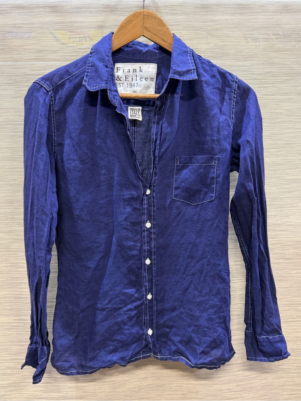 Frank & Eileen Barry Navy Linen Tailored Button Front Popover Blouse Women’s XS